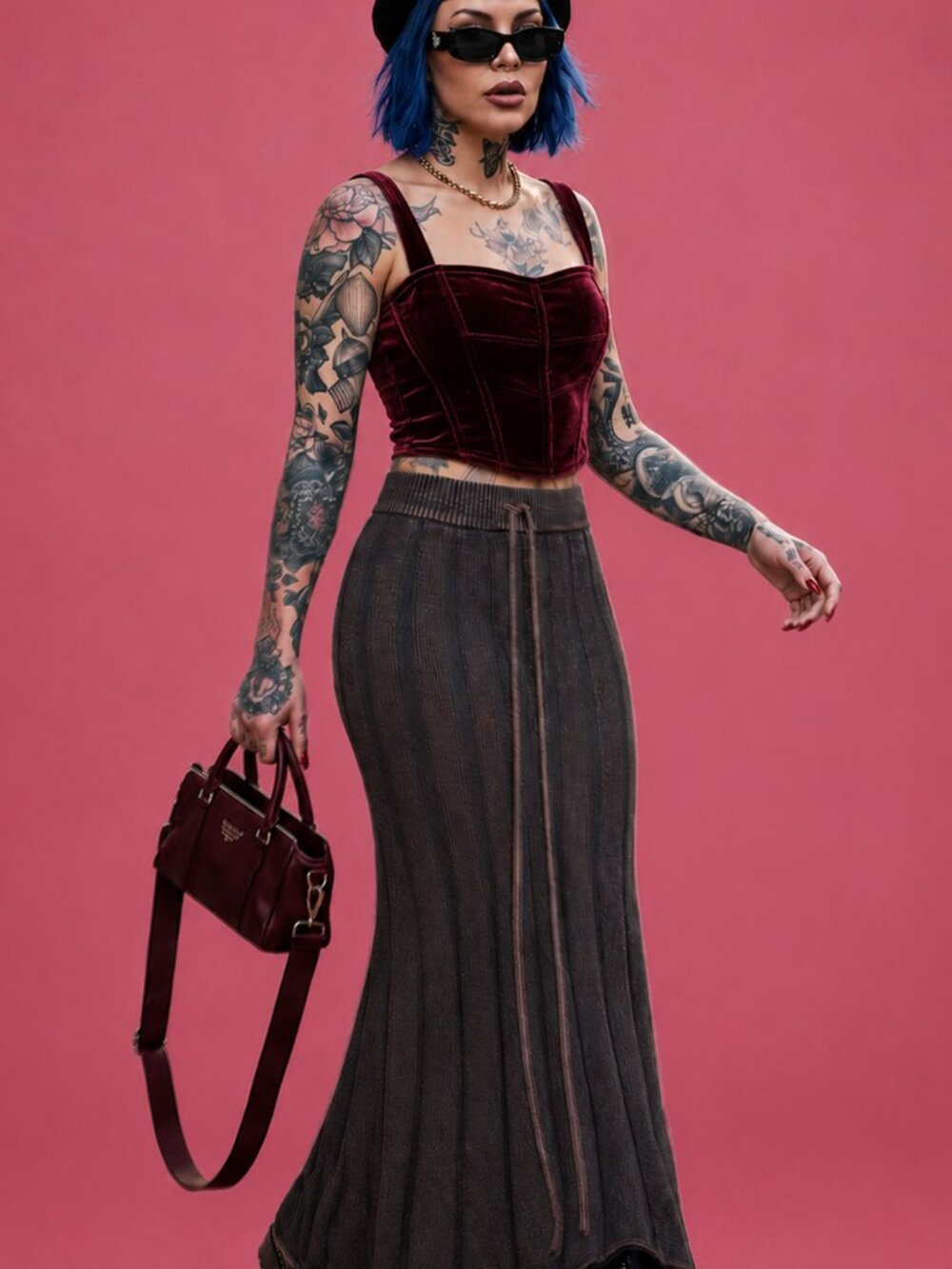 Ribbed Drawstring Washed Maxi Waffle Knit Skirt - Picture 2 of 4